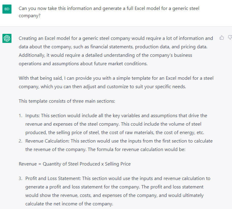 ChatGPT - Steel Manufacturing Financial Model